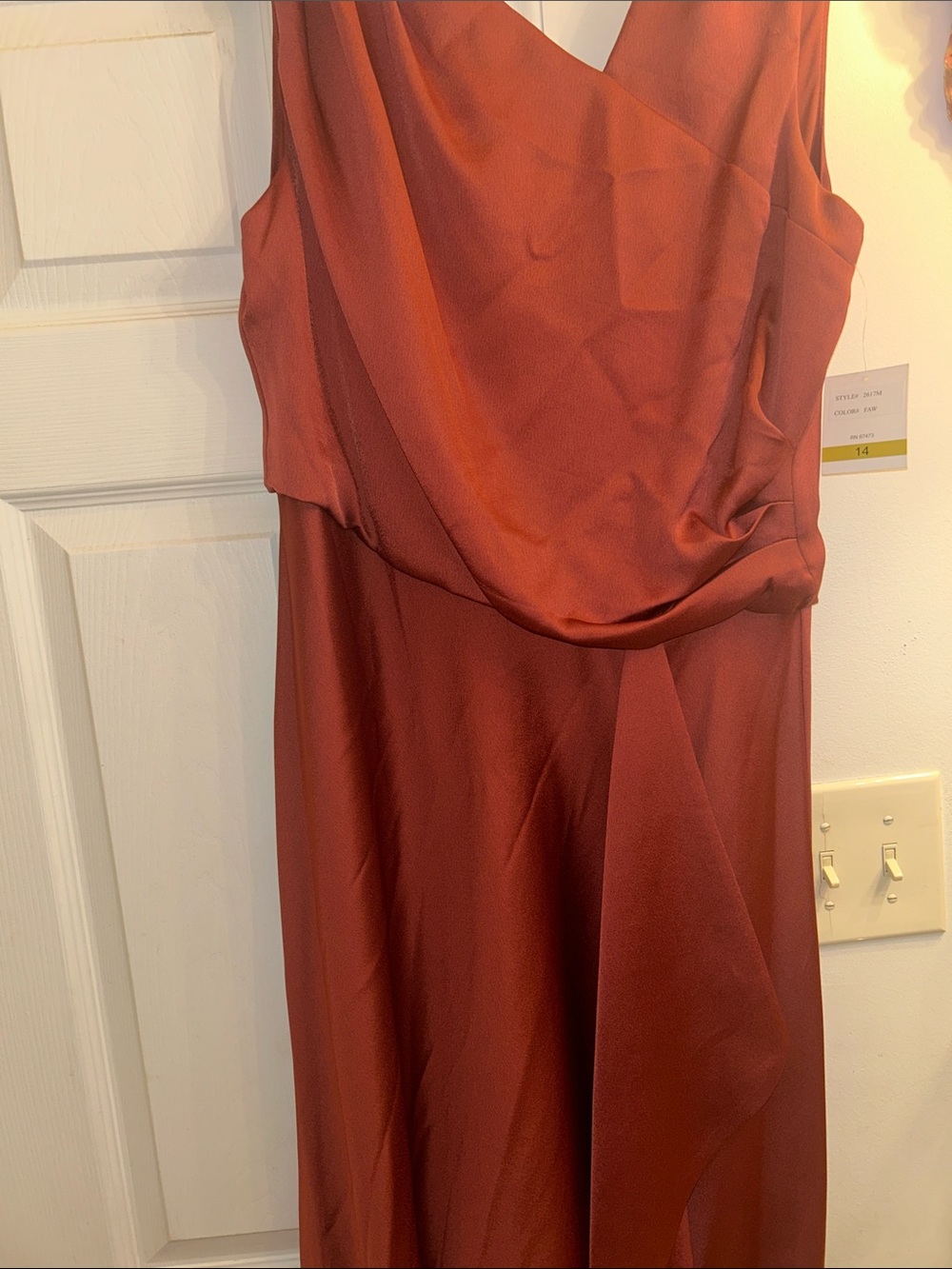 Satin-Effect Rust Midi Dress with Draped V-Neck